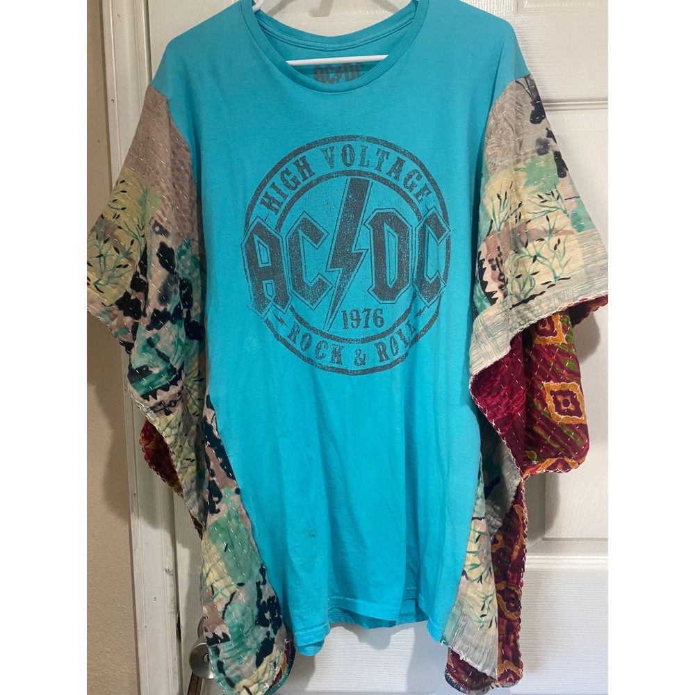 #359 Turquoise Womens AC/DC Graphic Kantha Patchwork Sleeve Top